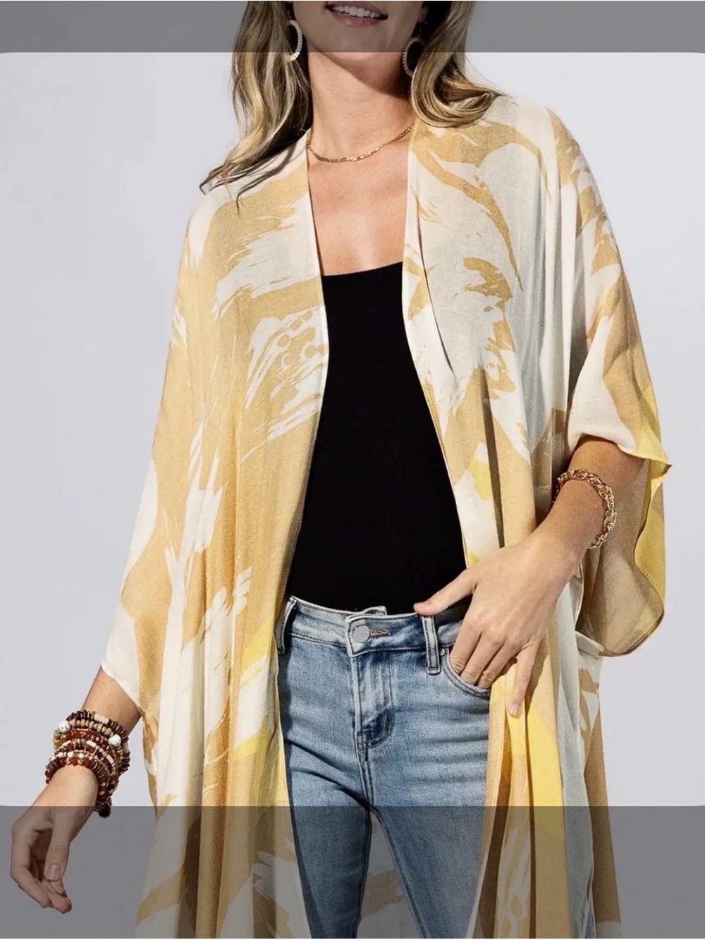Women's Yellow & Cream Printed Kimono Camisole Layer